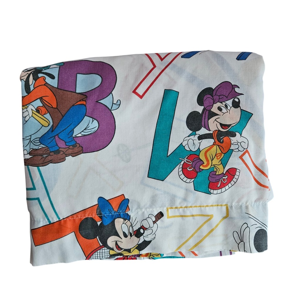 Vintage Disney Mickey Mouse Alphabet ABC Kids Flat Sheet White Multi Color‎ 90s